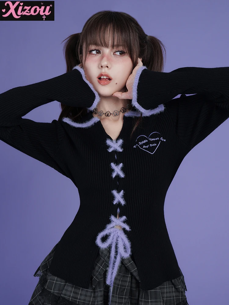 

Subculture Y2k Black Purple Sweet Cool Slim-fit Knitted Sweater Millennial Girl Cardigan Showing Thin Pure Versatile Women's Top