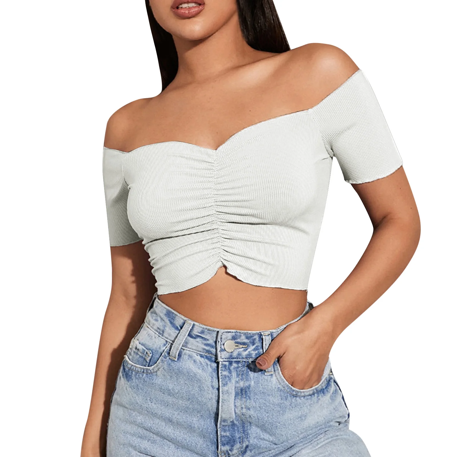 Off Shoulder Pleated Shirt Y2K Women Crop Tops Casual Black Femme Navel T-shirt V Neck Short Slim Tee Elegant Shirt Streetwear