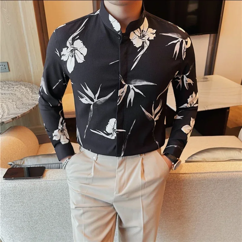 Ashion Stand Collar Floral Shirts Men Long Sleeve Slim Fit Casual Shirts Business Social Office Formal Dress Shirts