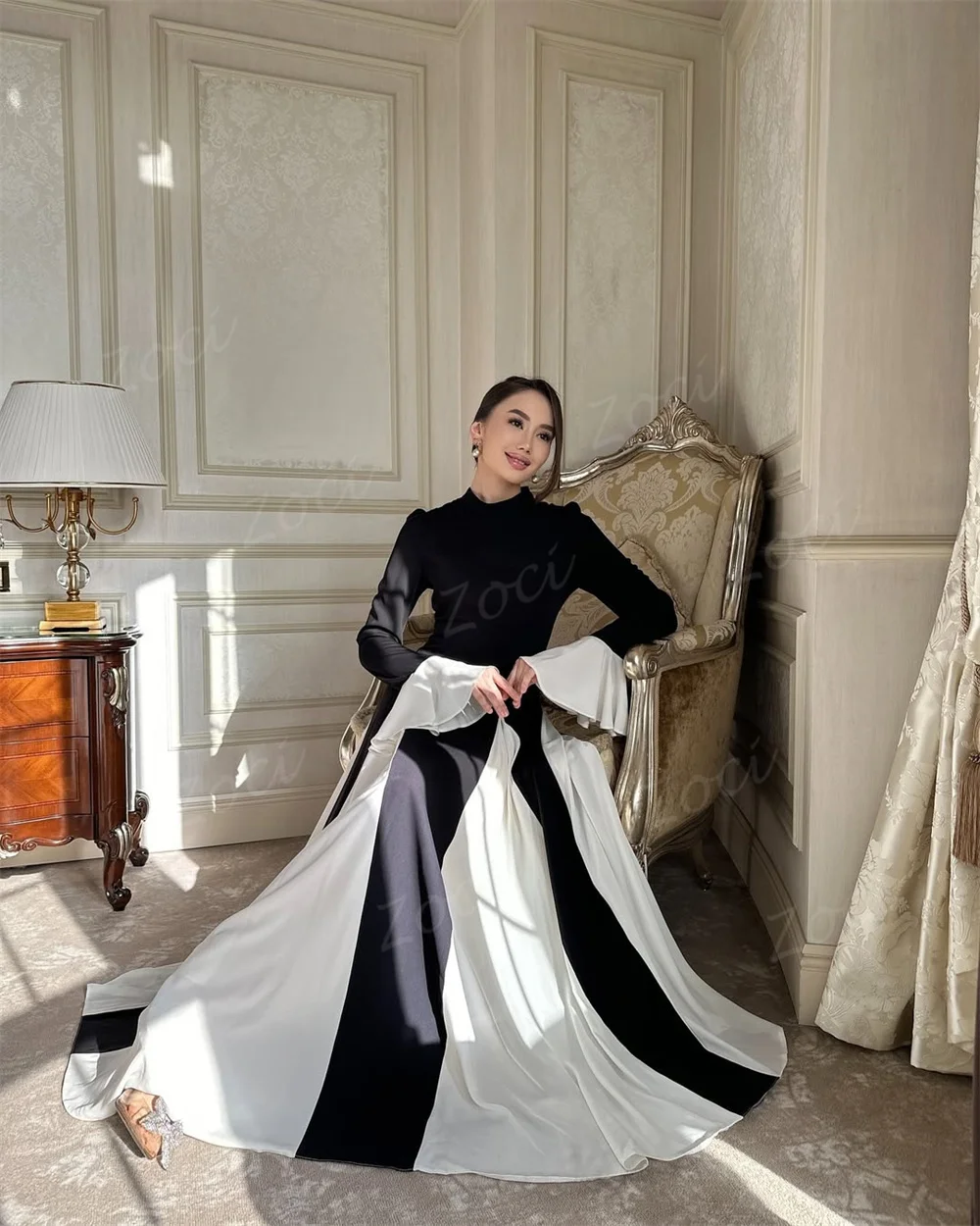 Zoci Modest Long Sleeve A Line Prom Dresses Women Satin Chiffon Prom Gown Customized Contrast Color Outfit Formal Party Dress
