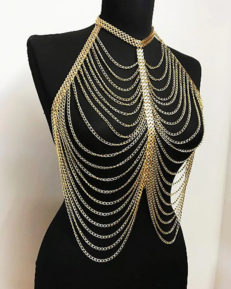 Women's new fashion handmade metal W multi-layer body chain, European and American necklace accessories metallic.