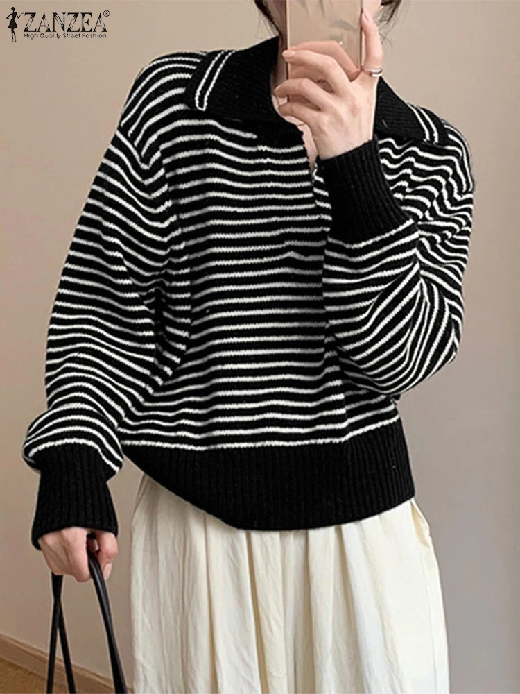 

ZANZEA 2022, женские осенние свитера, пуловеры, стильные джемперы с лацканами и длинными рукавами, повседневные свободные зимние свитера, уличная одежда