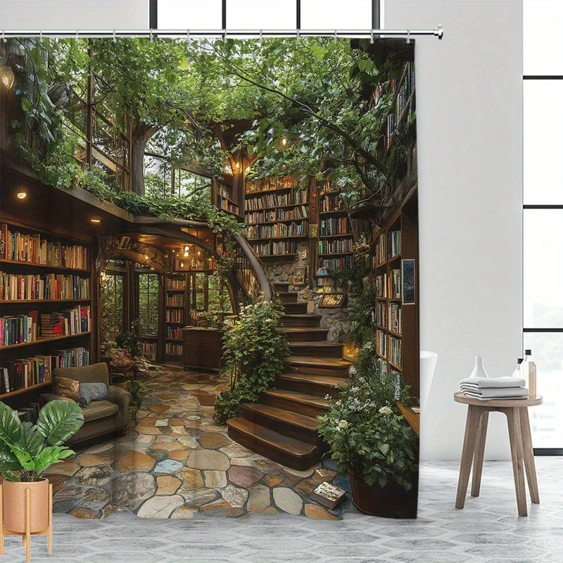 Realistic Waterproof Tropical Shower Curtain Jungle Library Bookshelf Scene Mural Print for Luxury Bathroom Home Decor Design