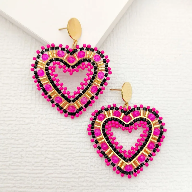 Beaded earrings Crystal Originality Bohemia Heart Rose red Hollow out Hand knitting Alloy Female Tide  Rice bead earrings