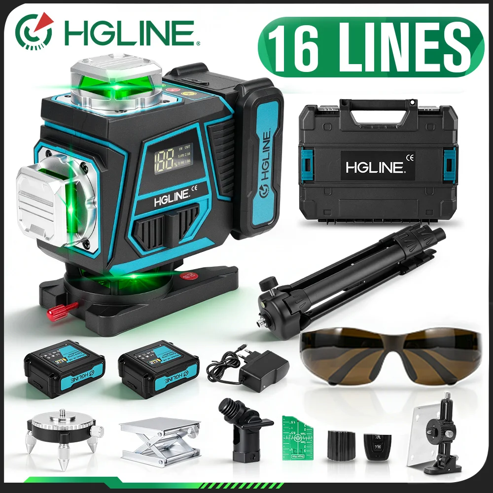 Niveau laser HGLINE à 16 lignes avec trépied de 1 m, auto-nivelant, 360° horizontal et vertical, niveau laser vert, outil de mesure pour la construction