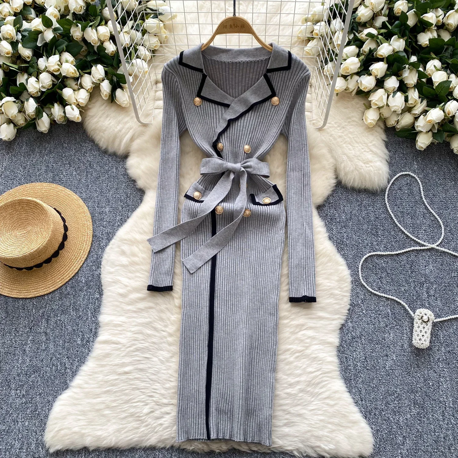 Vintage Turn-down Collar Slim Bandage Basics Metal Buckle Patchwork Dress Korean Evening Women Fashion Autumn Winter Clothing