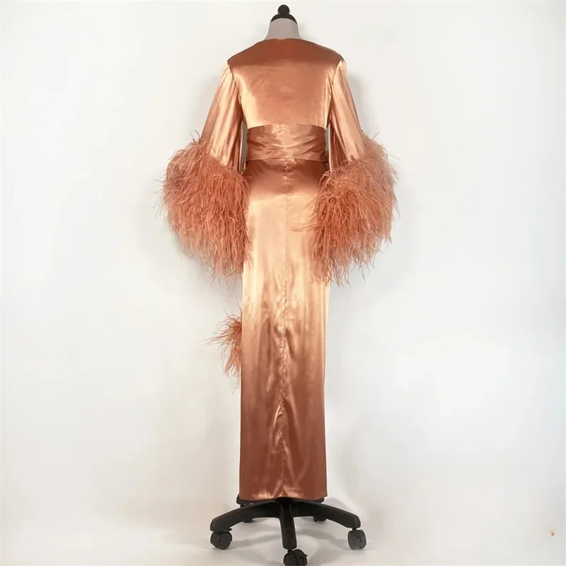 Feather Wedding Shawls Sleepwear Photo Robe With Belt Soft Silk Satin Night Gown For Women Long Sleeve Custom Made Woman Pajamas