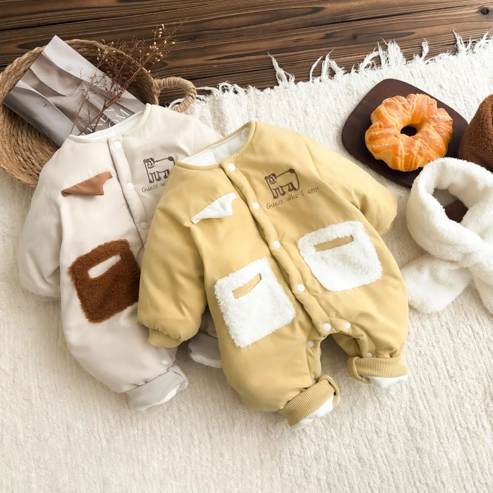 2024 Korean Baby Boys Winter Rompers Cotton Clip Hairy Pocket Warm Infant Boys Jumpsuit With Scarf Toddler Boys Bodysuit