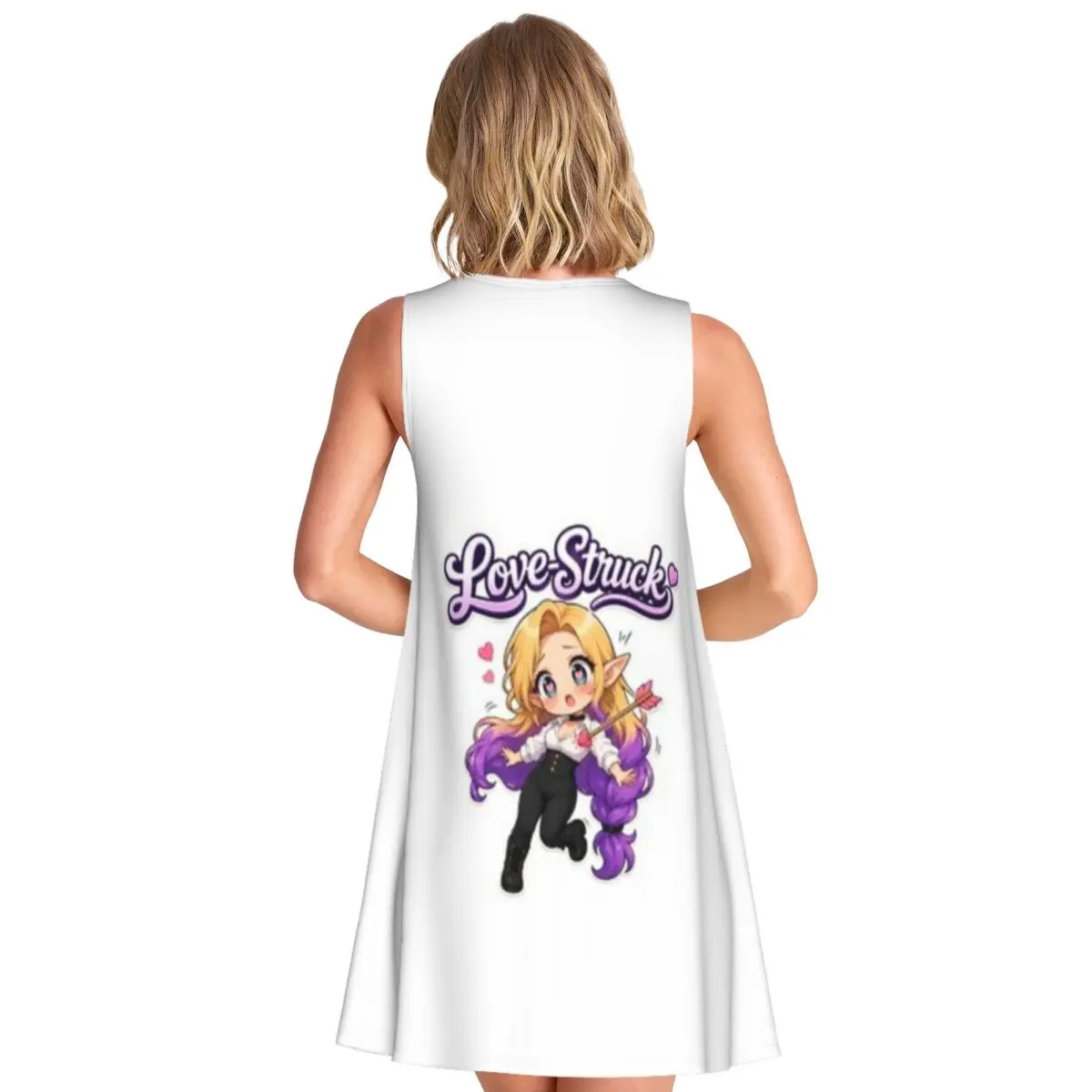 Love Struck Chibi Elf Girl Cute Anime Cupid Aesthetic Women's Sleeveless Host Outfit Square Neck Dress Preppy Exhibition Dress