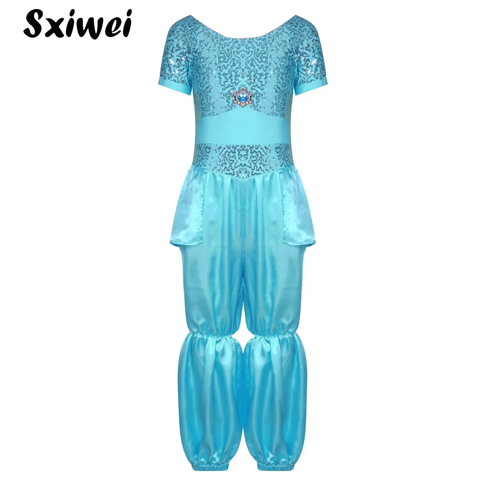 

Kids Girls Halloween Arabian Princess Cosplay Costume Shiny Sequins Jumpsuit Jasmine Fancy Full Body Suit for Party Performance