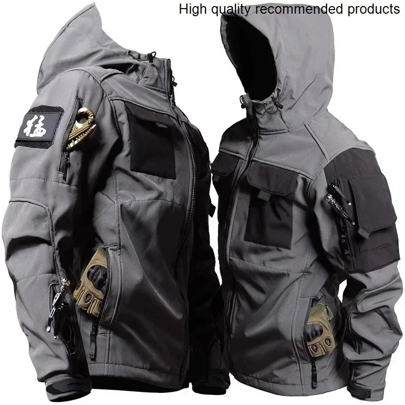 

Men Windbreaker Jacket Waterproof Hooded Outdoor Shark Skin Tactical Soft Shell Jackets Multi-pockets Warm Winter Caots
