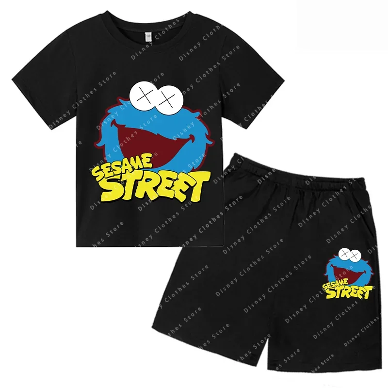 New Kids Summer Short Sleeve Girls and Boys T-shirt Sesame Street Elmo Cartoon Printed Kids T-shirt Fun baby clothes set