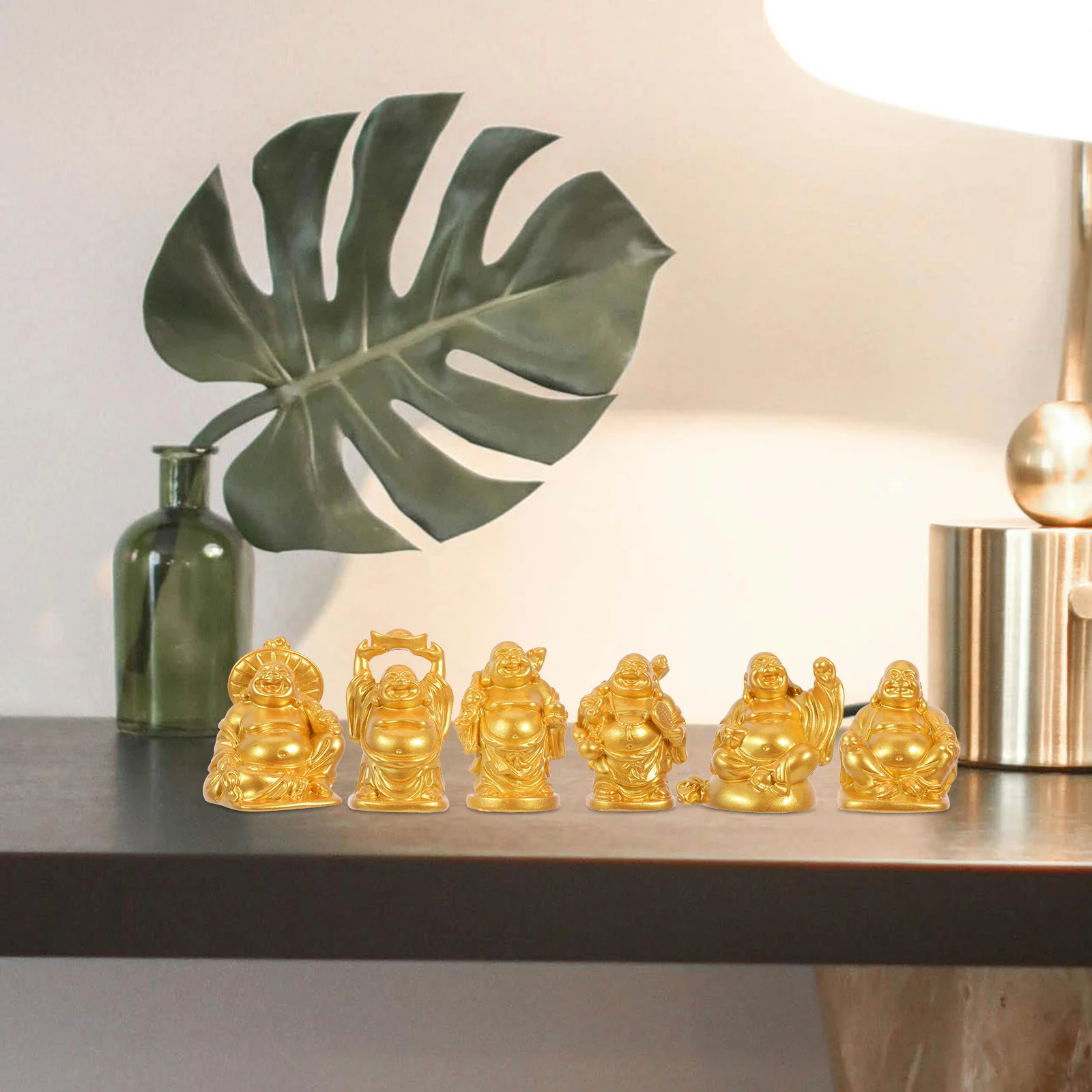 

6 Pcs Smiling Buddha Statue Feng Shui Figurine Gods Figure for Desk Decor Gold Laughing Resin