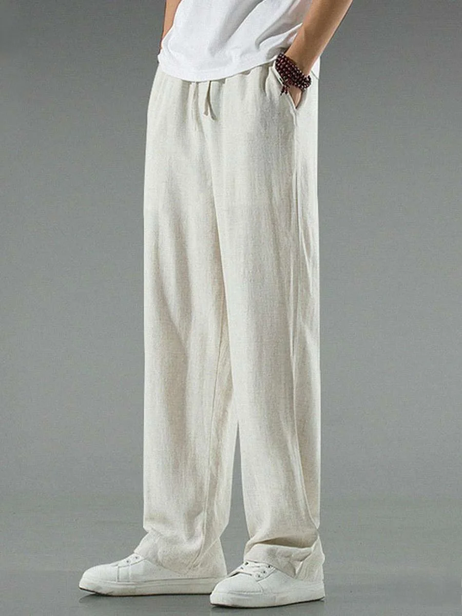 

New Men's Summer Thin Cotton Linen Wide Leg Pants Chinese Sle Loose Straight Cut Trousers Comfortable Breathable Casual Tro...