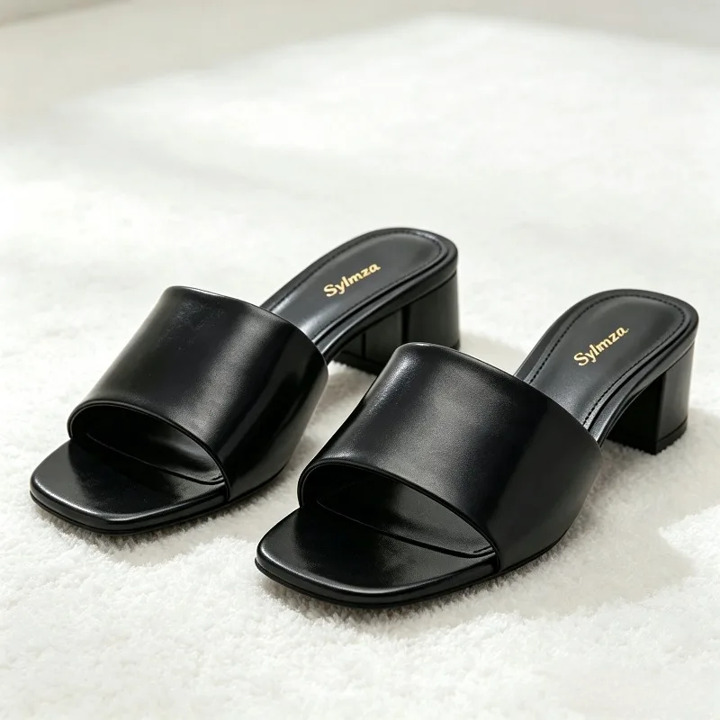 High-Quality Soft Leather Chunky Heel Slippers Sandals for Women Fashion Square Toe Designer Slides Comfortable Beach Mules Shoe