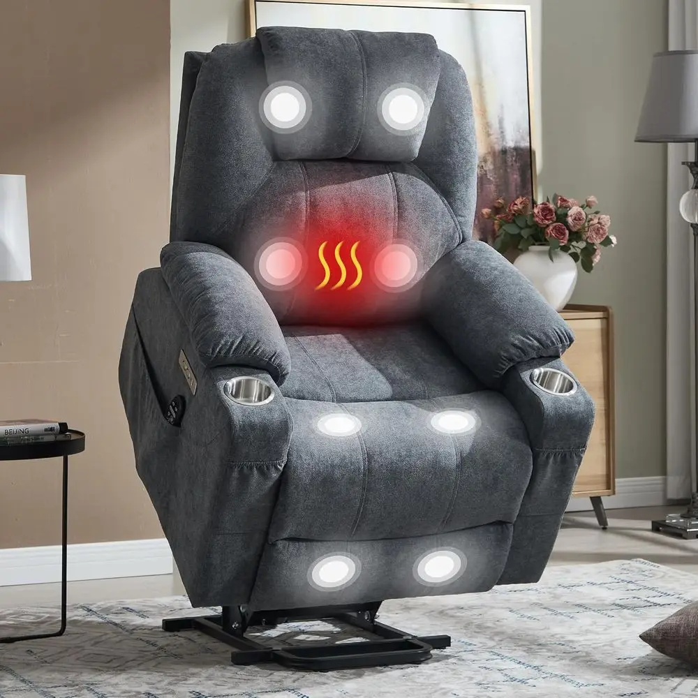 

Luxury Heavy-Duty Recliner for Elderly, 350 lbs Capacity, Massage & Heat, Dual USB Ports, Cup Holders, Chenille Grey Fabric