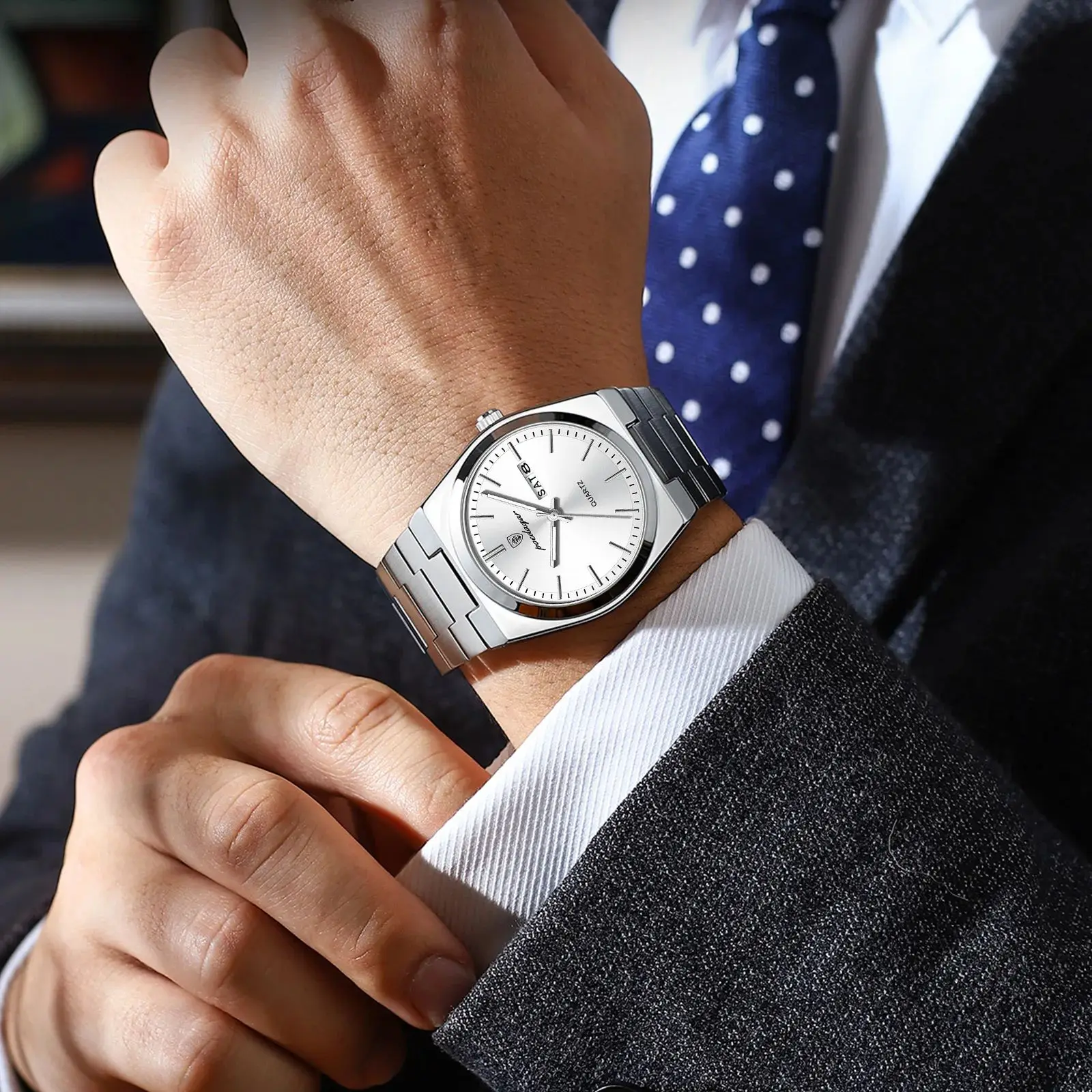 POEDAGAR Luxury Business Man Wristwatch Waterproof Luminous Stainless Steel Men Watch Date Week Fashion Quartz Men's Watches+Box