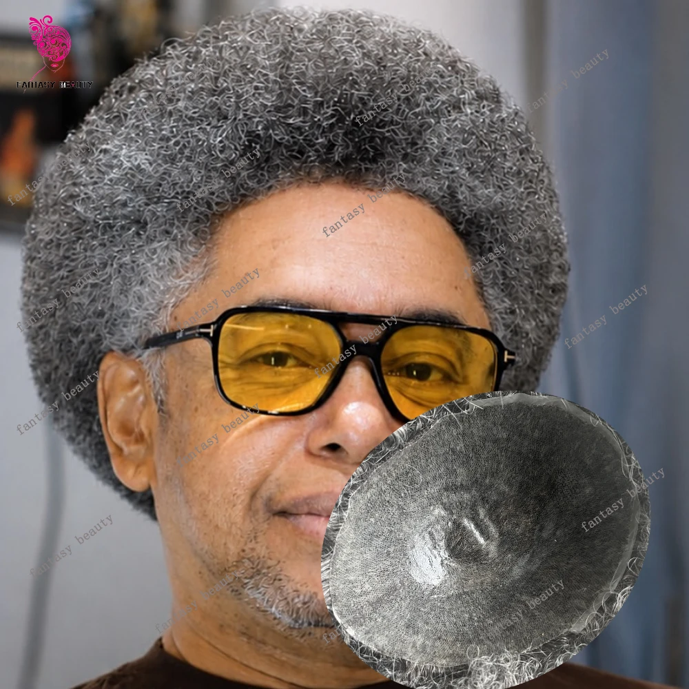 

6mm Afro Man Hairstyle Men's Wig #1B50 Gray Human Hair Prosthesis Capillary Kinky Curly Durable Skin Replacement System 4MM Male