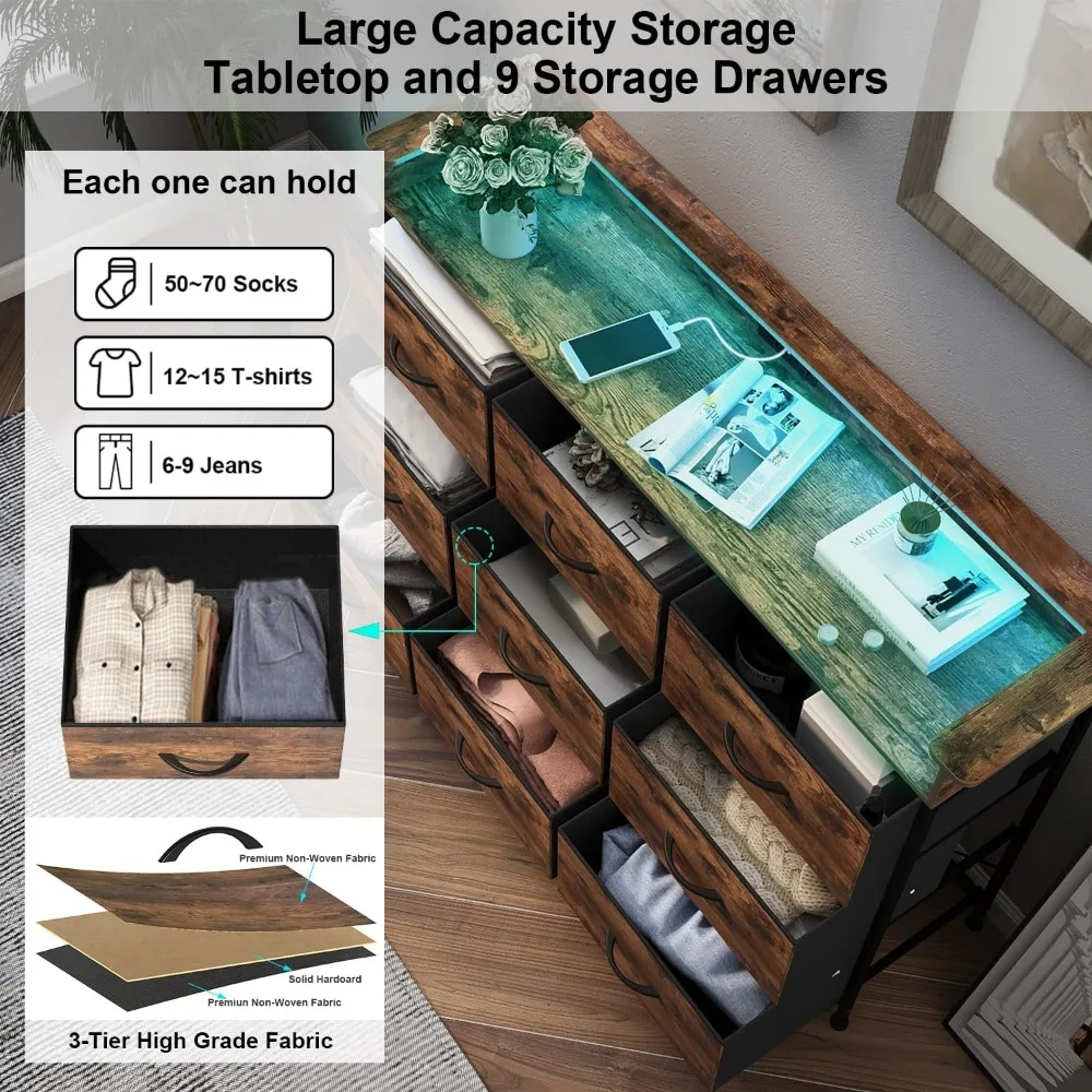 خزانة صناعية خارجية لغرفة النوم مع محطة شحن وخزانة تخزين من القماش الخفيف مع خزانة ذات 9 أدراج قماشية #5