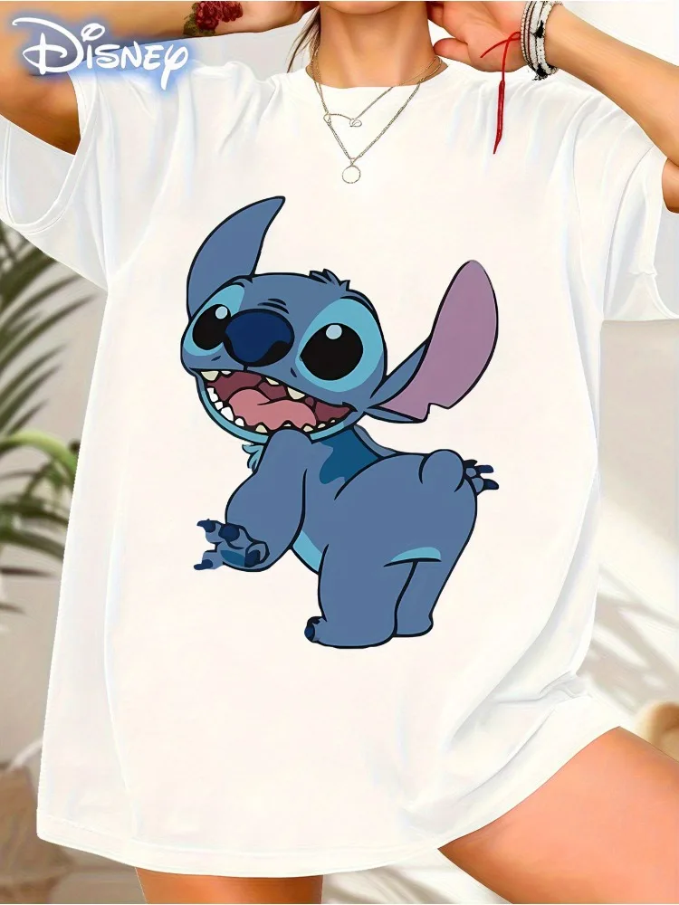 

Женская повседневная футболка с короткими рукавами Disney Stitch, персонаж аниме со звездами и сердечками, круглый вырез, всесезонная повседневная одежда
