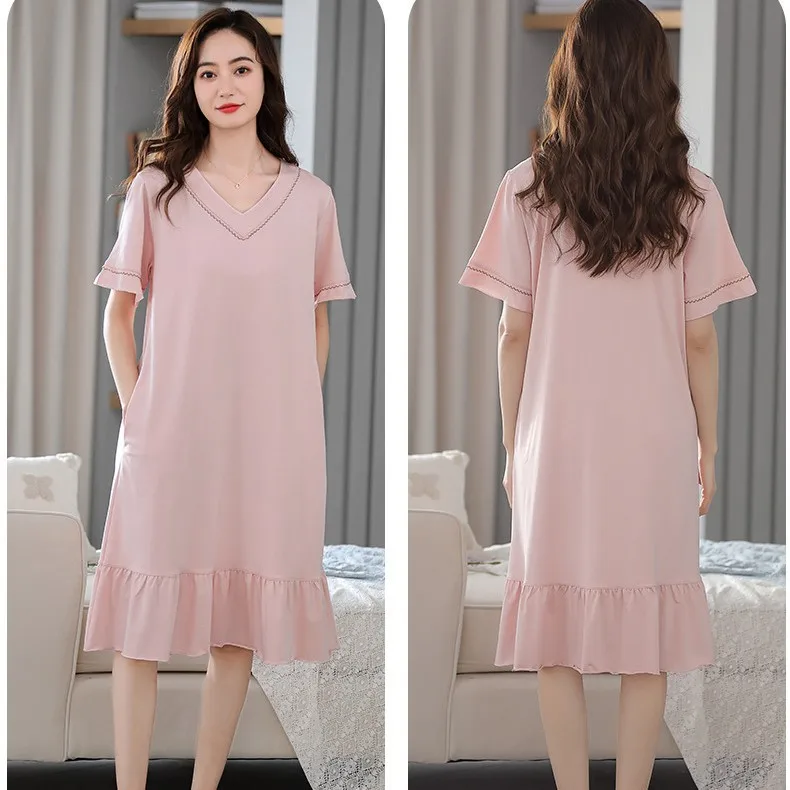 Women's Summer Tencel Cotton Short Sleeve Pajamas with Chest Pads Lightweight Loose Fit Loungewear Comfortable Relaxation