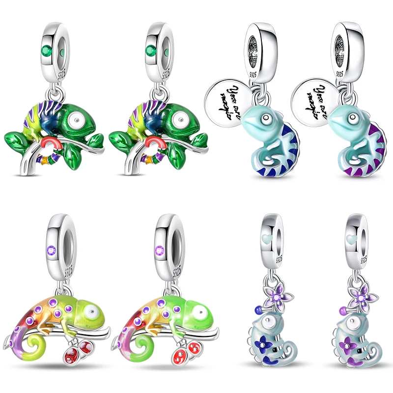 Fit Pandach 925 Original Bracelets Fashion 925 Silver Color Chameleon Ladybird Change Color Charms Beads Fine DIY Jewelry Gifts