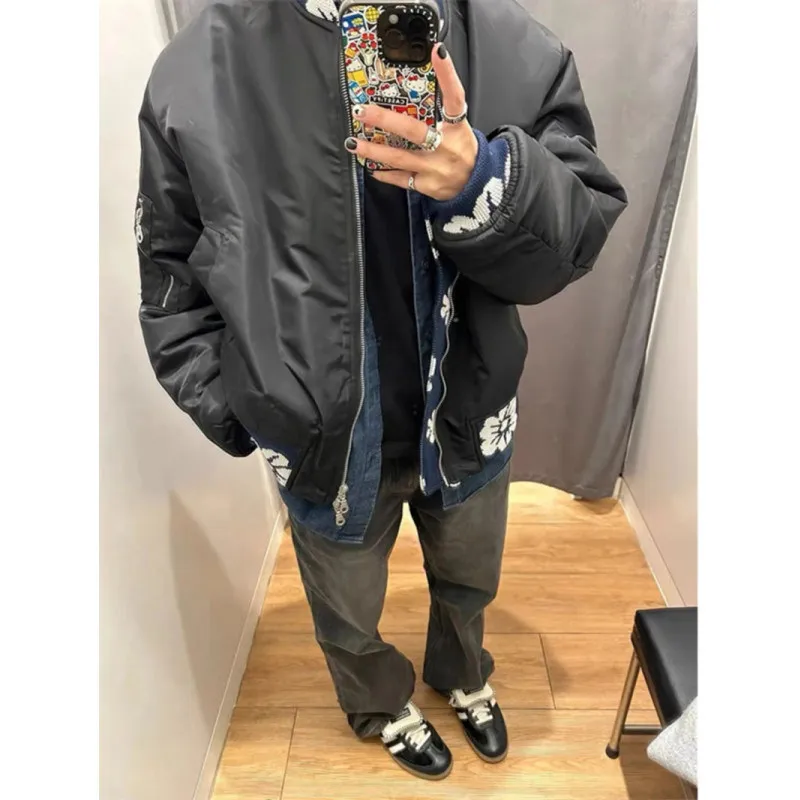 

Retro American Knitted Patchwork Baseball Jaet Men's Spring Autumn Color Blo Design Couple Pilot Jaet Loose Fit Polyester