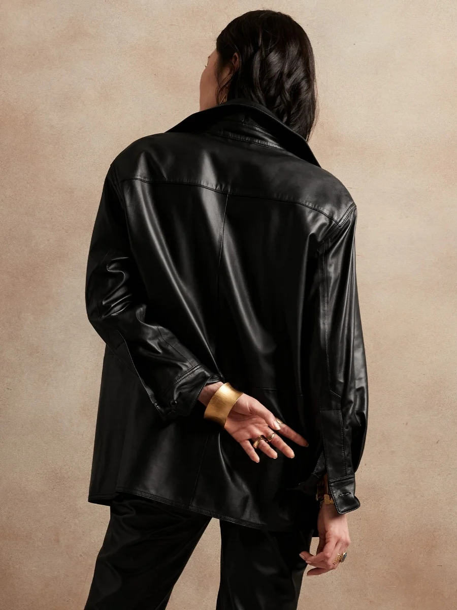 Nuova giacca in pelle da donna con silhouette stile fidanzato oversize in pelle di pecora importata italiana