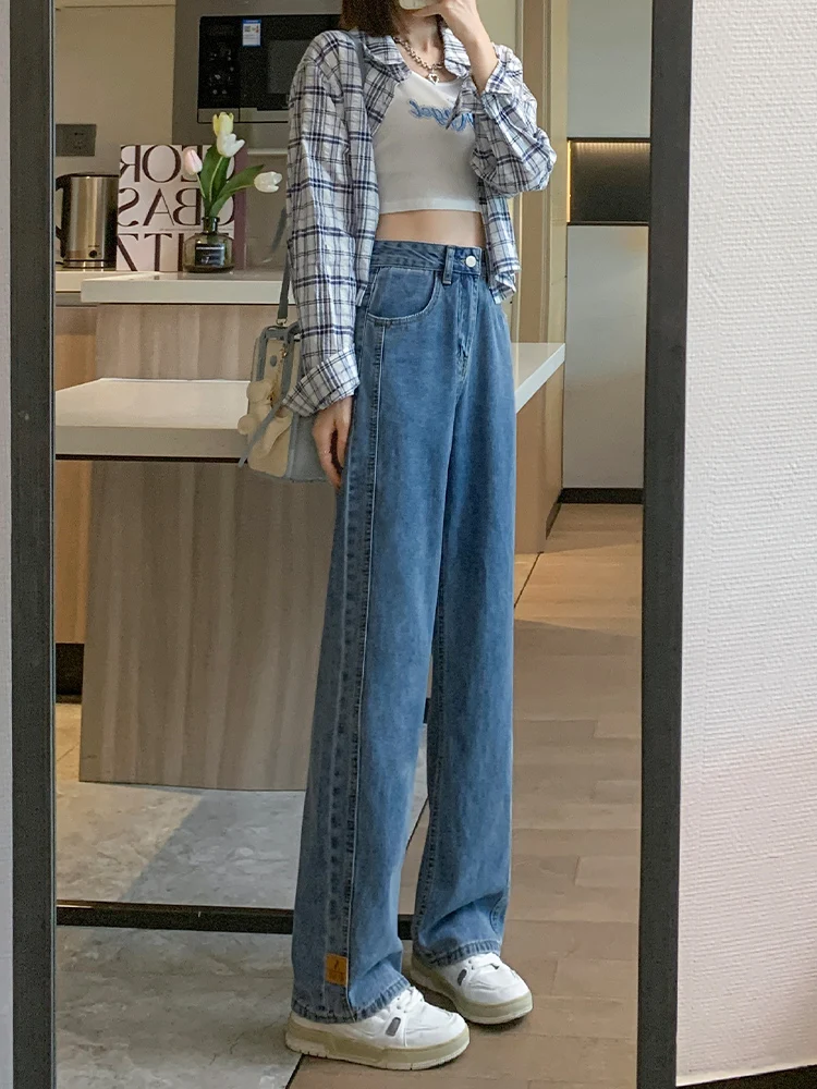 

Синие джинсовые джинсы в стиле ретро, женские свободные тонкие прямые брюки с высокой талией большого размера, широкие брюки длиной до пола, дизайн Sense