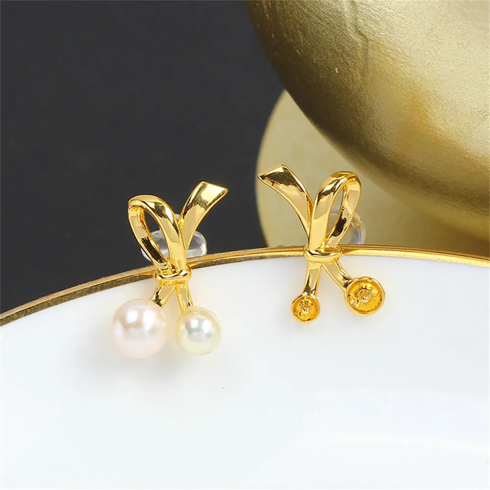 S925 Silver Needle Simple Glossy Double Bead Bow 14K Bag Gold Stud Earrings Empty Support DIY Accessories Small and Delicate