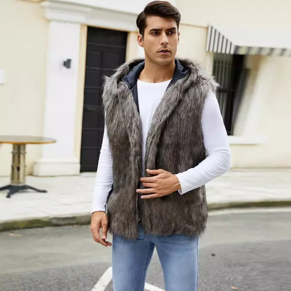 Men Hooded Vest V Neck Faux Fur Jackets Sleeveless Elegant Splice Vests Cardigan Hoodies Casual High Street Autumn Winter