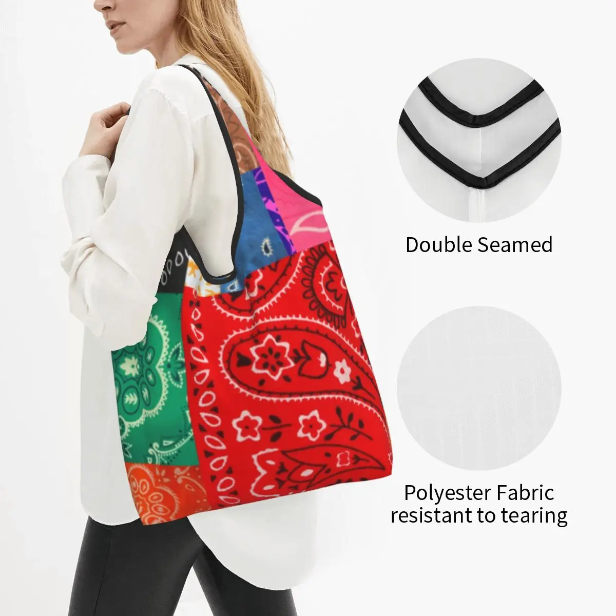 Custom Fashion Bandanna Patchwork Shopping Bag Women Portable Big Capacity Grocery Paisley Pattern Shopper Tote Bags