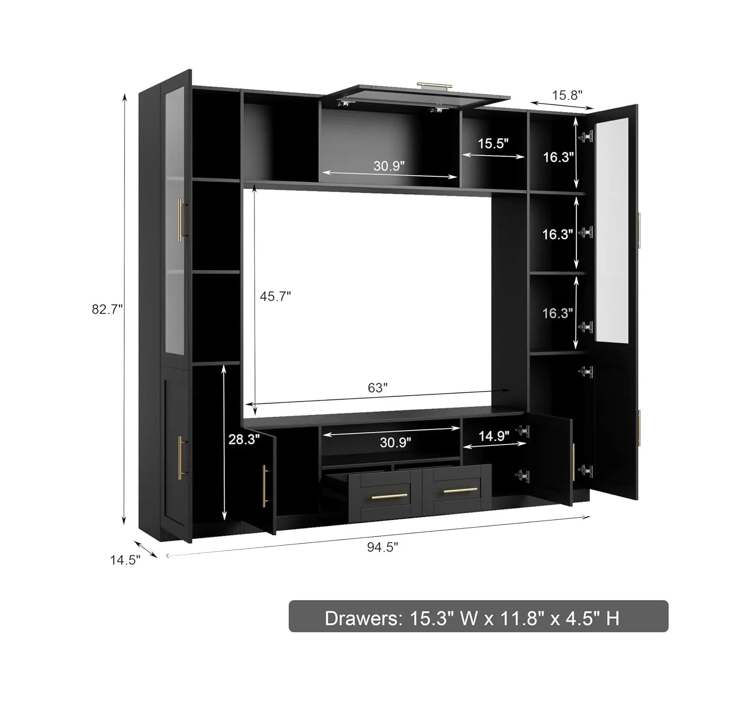 4-Piece TV Stand Wall Unit Glass Door LED Lights Up-Flip Door & Shelves Console Storage Cabinet TVs To 70