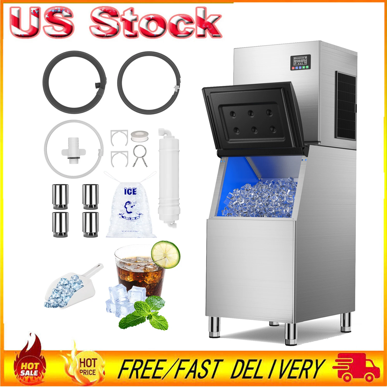 Commercial Ice Maker Machine 550LBS/Day, Industrial Ice Machine with 400lbs Storage Bin, Ice Ready in 5-15 min, Bars Ice Maker