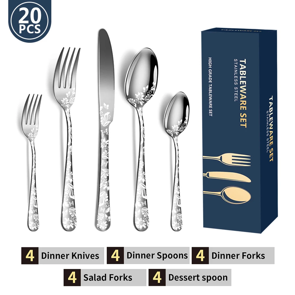 20PCS Flatware Set Stainless Steel Mirror-Polished Cutlery Knives/ Forks/ Spoons/ Tea Forks/ Teaspoons for Kitchen Restaurant