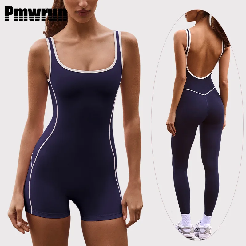 pmwrun-women's-yoga-bodysuit-square-neck-thin-strap-open-back-contrast-trim-short-long-leg-for-gym-yoga-pilates-workout-wear
