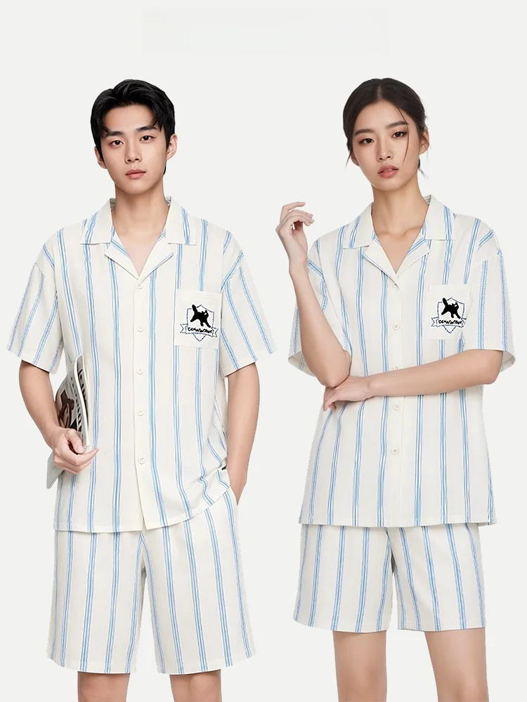 PinkBread Striped  Couples Pajamas Short Sleeve Cotton Home Clothes for Men And Women Suitable for Outdoor Wear in Summer