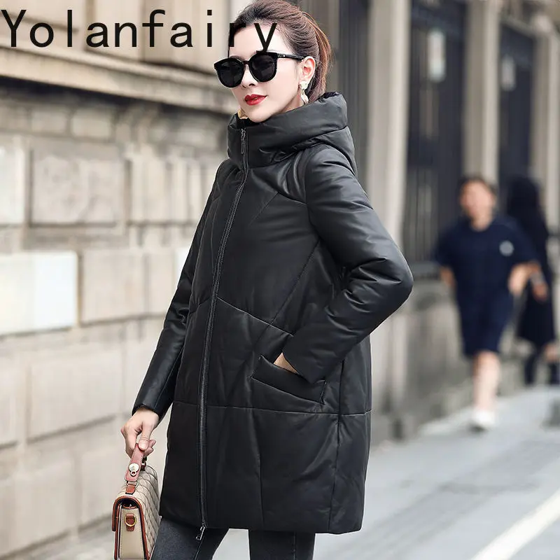 Yolanfairy jaquetas de couro feminino genuíno pele carneiro longo para baixo jaqueta casual inverno com capuz casacos pequenos nova jaqueta feminina