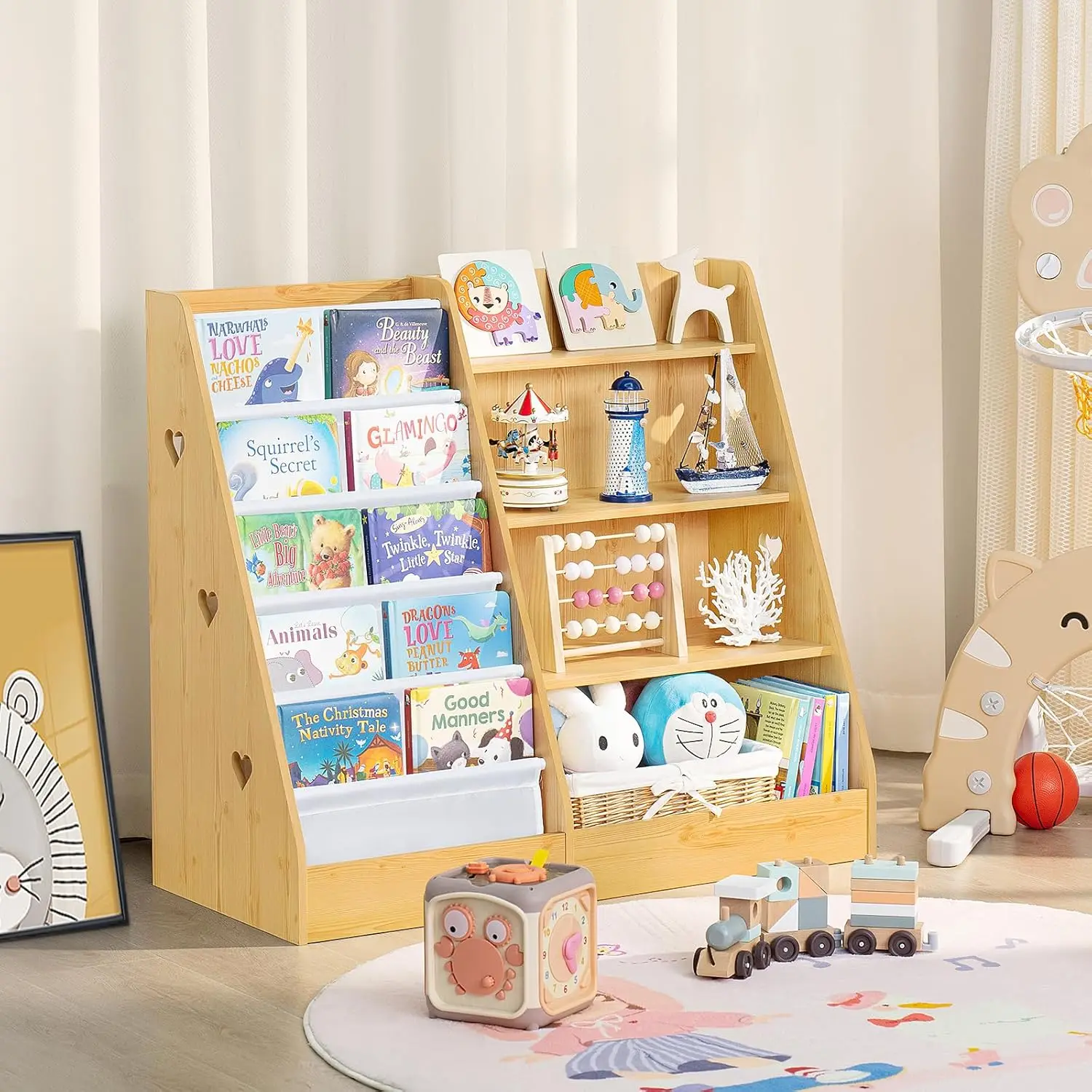 Étagère à livres en bois à cinq niveaux pour enfants, bibliothèque à élingue pour enfants, étagère à livres pour bébés et tout-petits, affichage, évaluation de stockage, 4 niveaux