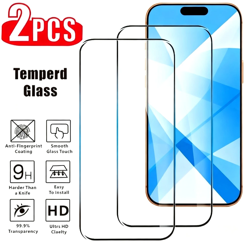 

2Pcs High Clear Screen Protector for iPhone 17 16 15 14 Pro Max Air 13 12 11 Pro 16 15 14 Plus XR XS 9H Hardness Tempered Glass