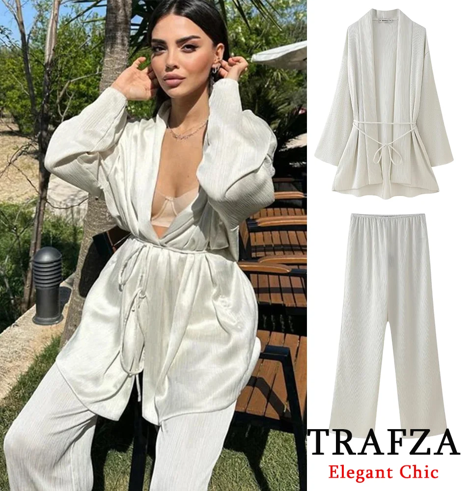 TRAFZA Luxury Casual Waist Tie Pleated Long Coat Set New 2024 Spring Fasion Vacation Kimono Pant Set Lapel Coat and Pant