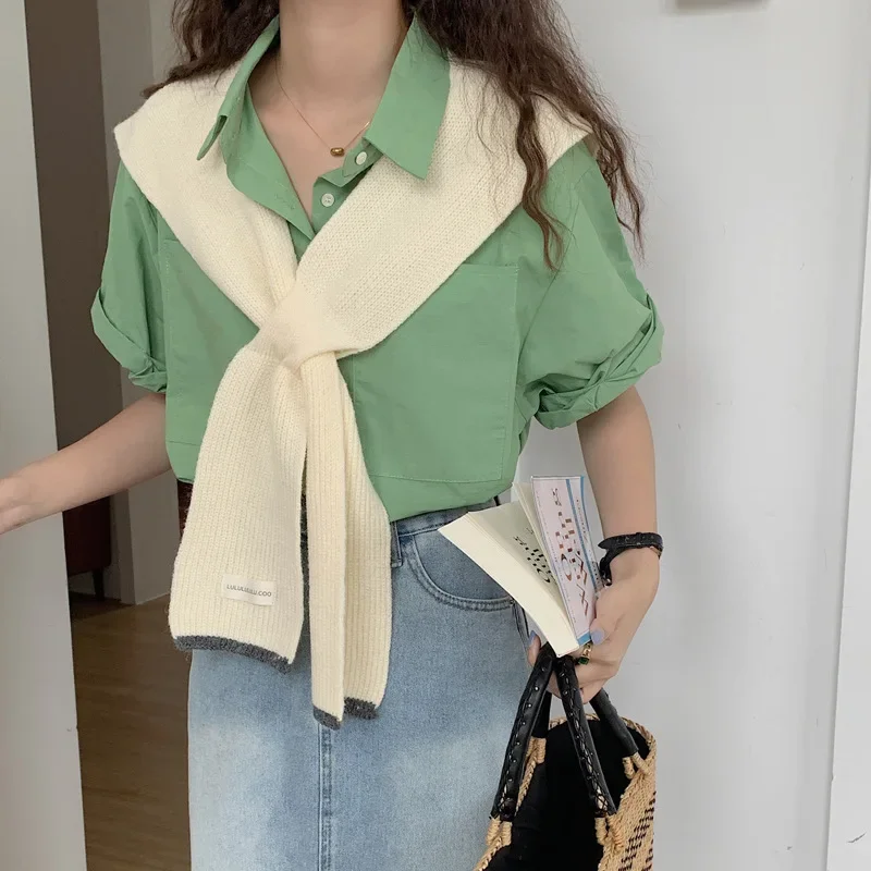 

Korean Shrugs Women's Wraps Sleeveless Knitted Scarf French Casual Shirts Shoulder Shawl Solid Color False Collar Elegant Scarfs