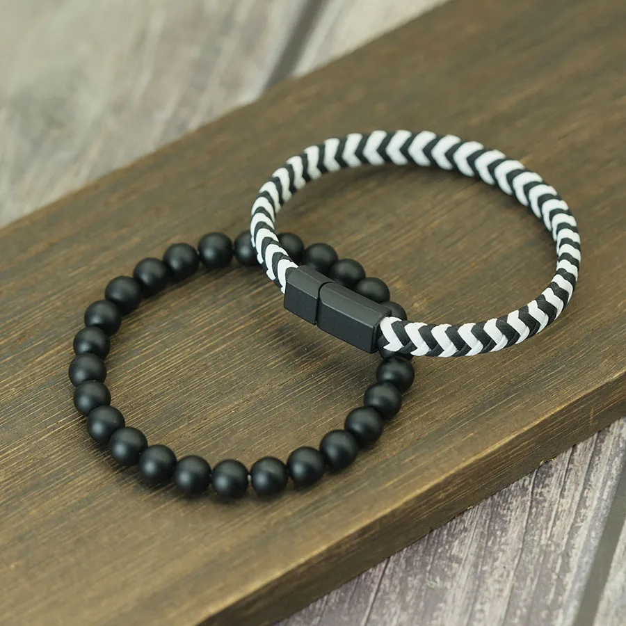 Männer 2Pcs Multi-Schicht Armband Set Zwei-Ton Geflochtenen Seil Matte Perlen Stapeln Magnetische Verschluss Homme Urban edgy Armbänder
