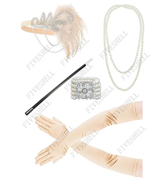 1920s Flapper Dress accessori Retro Party puntelli GATSBY CHARLESTON fascia collana di perle fascia di piume nere Costume di Halloween