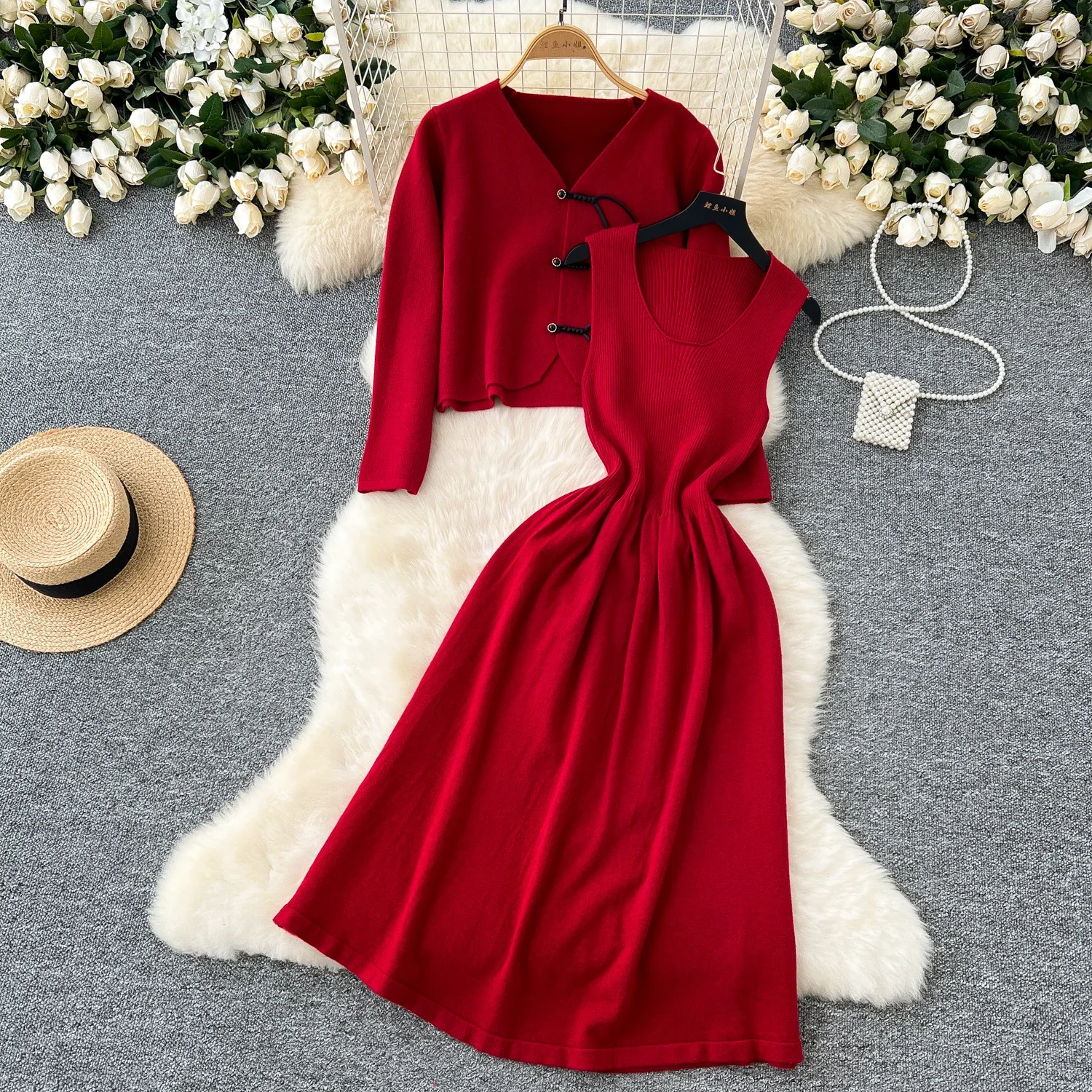 Chic Twp-piece Sets Casual Button Knit Vest Vintage Basics Sleeveless A-line Dress Sweet Evening Autumn Winter Women Clothing