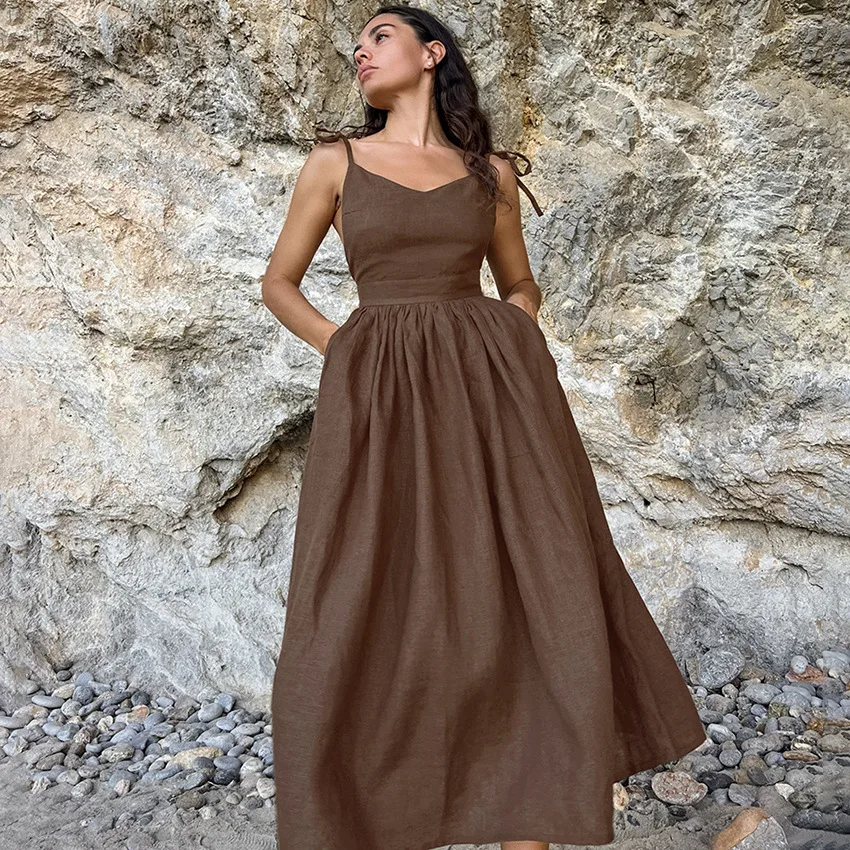 

Khaki Cotton-Linen Breathable Suspender High-Waisted 2026 European And American Spring New Holiday Style Long Dress