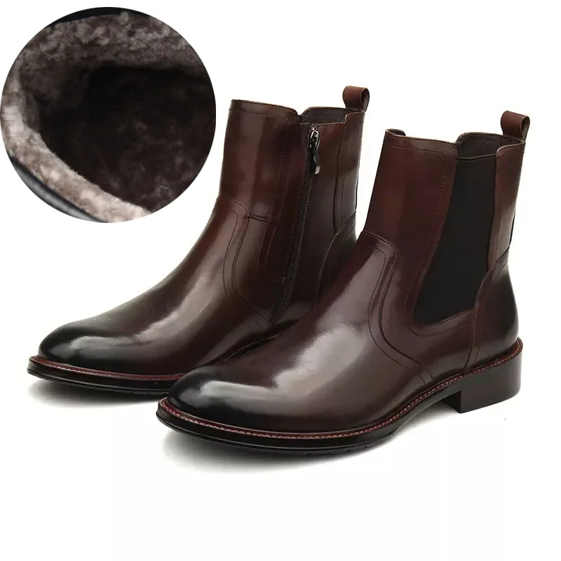 Fashion Chelsea Boots Men Winter Shoes Genuine Leather Black Brown Warm Mens Ankle Boots Round Head Ipper Luxury Man Dress Boots