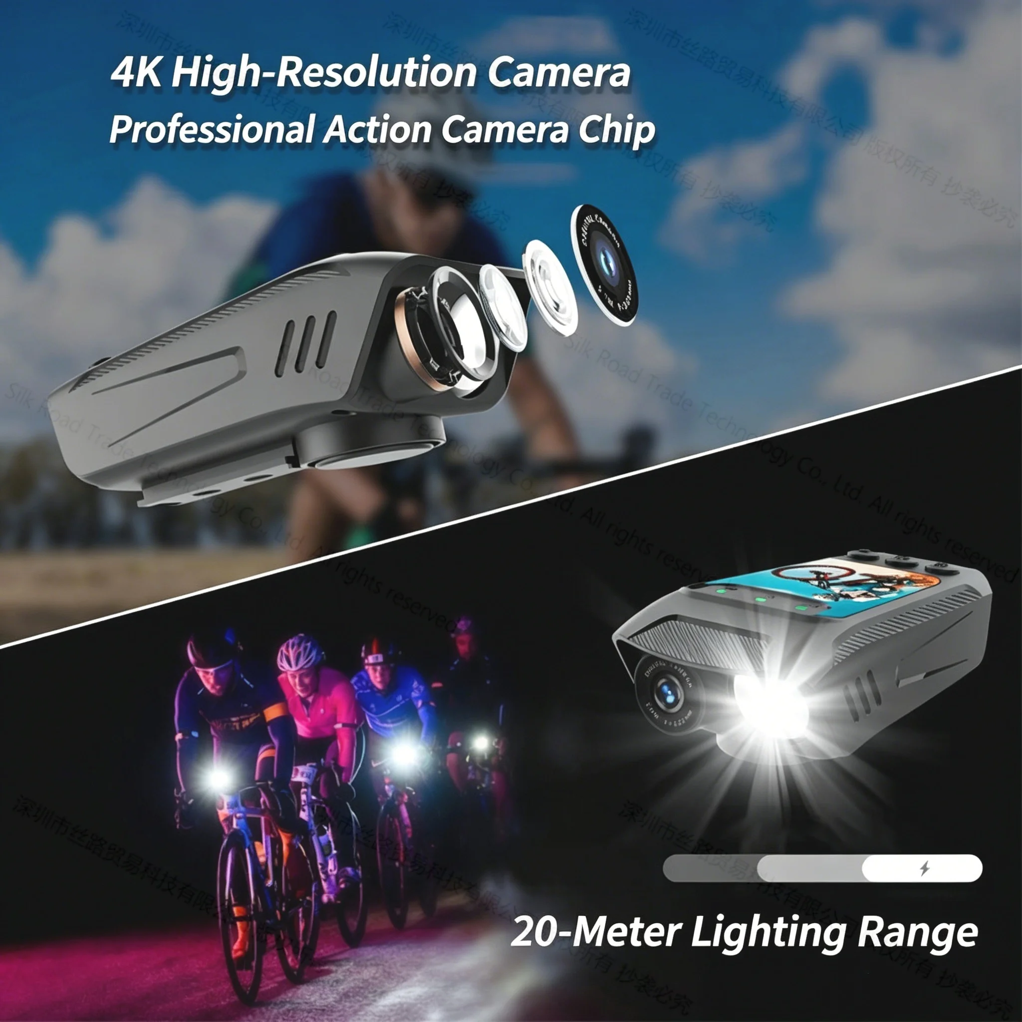 4K Action Camera C3Pro Cycling Camera Outdoor Bicycle Dash Cam 2.0 inch screen 5 Hours Recording with Flashlight bell 3 in 1 view 3