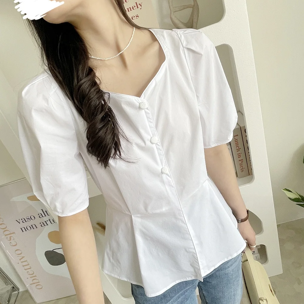 

Slimming Square Collar ort Sve irt Versatile Korean Sle Commute Wind Dstring Button Zipper Detail Cotton Blend irt
