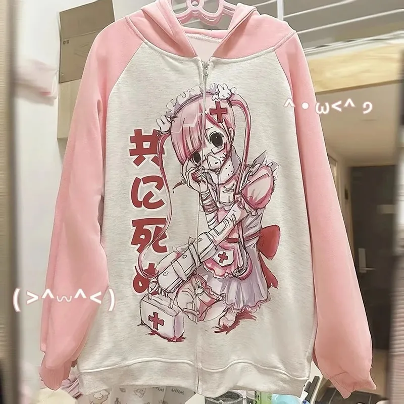 Summer Thin Subculture Hoodies with Hooded Anime Print Long Sleeve Zipper Thin Hoodie Loose Hoodie Woman Pink Patchwork Coat